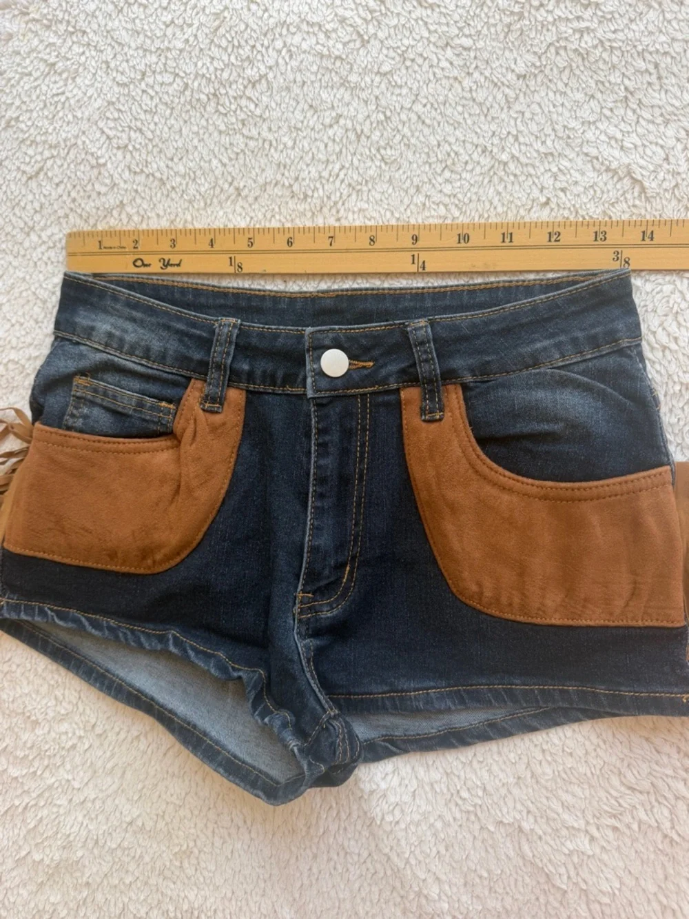 Dark Blue Stretch Denim Fringe Shorts with Brown Suede Pockets